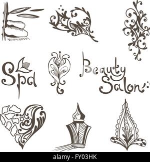 Creative icone ornamentali e indicazioni per massaggi, bellezza affari identity design Illustrazione Vettoriale