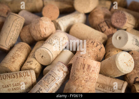 Chiudere i tappi di sughero assortiti di vino e bottiglie di Champagne Foto Stock