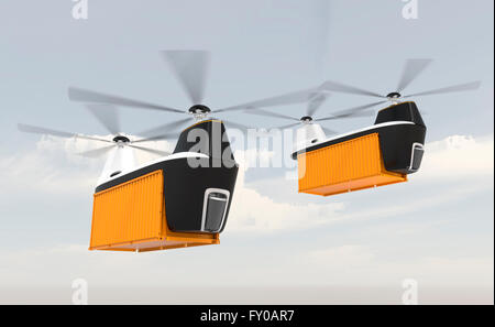 Due fuchi che trasportano container volare nel cielo. Il rendering 3D'immagine. Design originale. Foto Stock