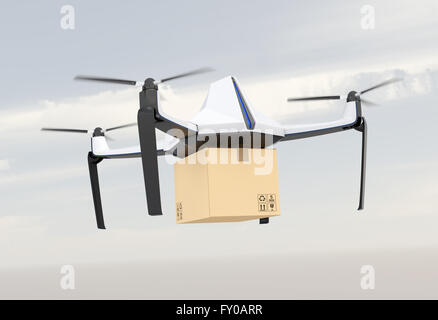 Dazi autonomi drone senza pilota erogazione di scatola di cartone nel cielo. Il rendering 3D'immagine. Foto Stock