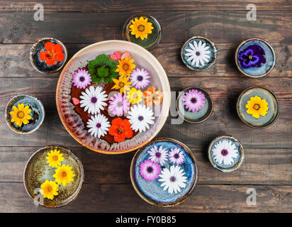 Bella composizione floreale con fiori colorati galleggianti in acqua scuro su un tavolo di legno. Vista dall'alto. Foto Stock