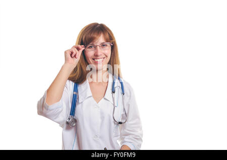 Il medico indossa occhiali sorrisi Foto Stock