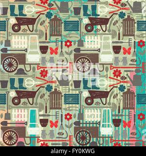 Retrò tema giardinaggio seamless sfondo pattern Illustrazione Vettoriale