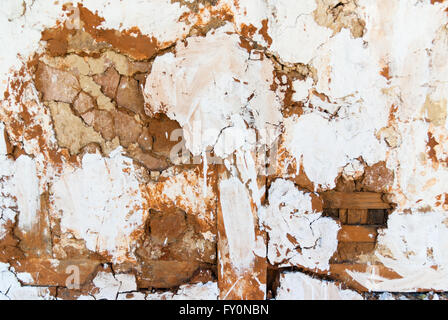 Dettaglio di decadere imbiancate a calce e bargiglio daub parete su edificio tradizionale in Wangdue Phodrang (Wangdi), Bhutan Foto Stock