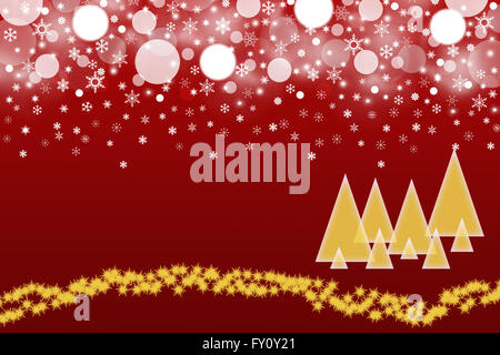 Il bianco sfere sfocata e fiocchi di neve su un colore rosso scuro dello sfondo. Sfere e i fiocchi di neve sono posti sulla parte superiore dell'immagine. Foto Stock