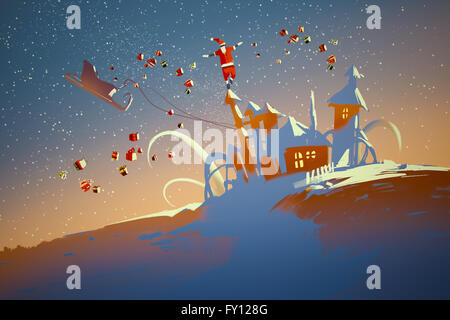 Santa Claus in equilibrio su case di fantasia, illustrazione Foto Stock