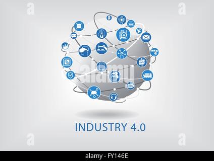 Industria ed infografico 4.0. Collegate i dispositivi intelligenti con globo. Illustrazione Vettoriale