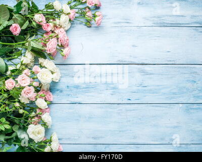 Delicato rose fresche sul blu sullo sfondo di legno. Foto Stock