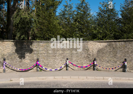 Fairford, UK. Xx aprile 2016. La donna in maglia di istituto omaggio alla regina per il suo novantesimo compleanno il XXI aprile di quest'anno. Il wi hanno lavorato a maglia sciarpe in rosso, bianco e blu e viola e di lana fatti pom pom in rappresentanza di api e un alveare. Essi hanno decorato la cotswold town con questi e foto della regina per festeggiare il suo compleanno e le tradizioni di lavorazione a maglia nel wi. fairford nel Gloucestershire era conosciuta come una città di lana ed è ancora in un allevamento di pecore area. Credito: flo smith/alamy live news Foto Stock