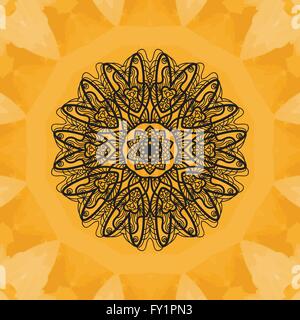 Elegante mandala-simili pattern su giallo acquerello seamless texture. Disegnate a mano fiore mandala. Round ornamentali seamless pattern di pizzo. Vettore astratti etnici tribali yantra yoga sfondo modello senza giunture Illustrazione Vettoriale