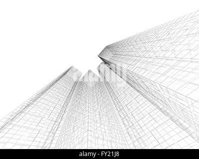 Abstract digital sfondo grafico. Gli edifici moderni sono realizzati in filo nero le linee dei frame isolati su sfondo bianco. 3D render ill Foto Stock