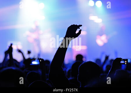 Barcellona - 29 GEN: Silhouette di un braccio di un ventilatore in un concerto presso il Razzmatazz venue on gennaio 29, 2015 a Barcellona, Spagna. Foto Stock