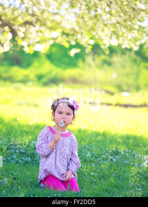 Bambino felice soffiando tarassaco all'aperto nel parco di primavera Foto Stock