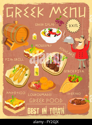 La cucina greca scheda del menu con il pasto tradizionale. Retro Vintage Design. La cucina greca. La raccolta di cibo. Illustrazione. Foto Stock