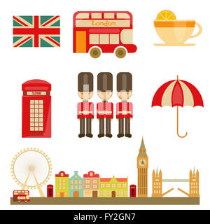 Icone di Londra isolati su sfondo bianco. Poster in inglese con British tema. Illustrazione. Foto Stock