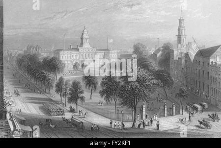 Il Parco e il City Hall di New York, New York. WH BARTLETT, antica stampa 1840 Foto Stock