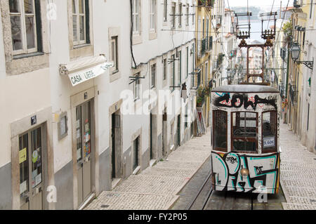 Elevador/Ascensor da Bica, una funicolare tram per il trasporto di passeggeri dalla tomaia Bairro Alto verso il basso lungo un pendio ripido a Lisbona il fiume Tagus. Il Portogallo. Foto Stock