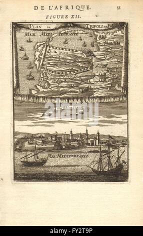 Libia: Piano e vista della città e porto di Tripoli. Barberia. MALLET, 1683 Mappa Foto Stock