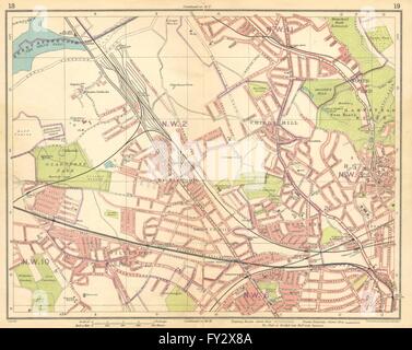 LONDON NW: Cricklewood Willesden Green West Hampstead Brondesbury, 1925 Mappa Foto Stock