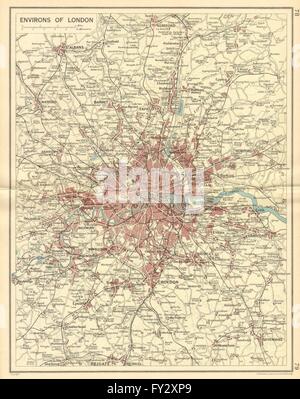 LONDON & Home Counties: ferrovie e strade. Bartolomeo, 1930 Vintage map Foto Stock