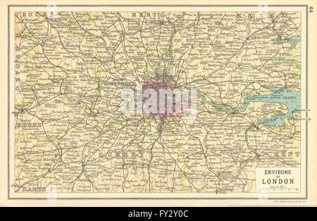 LONDON & Home Counties: ferrovie e strade. Bartolomeo, 1921 Vintage map Foto Stock