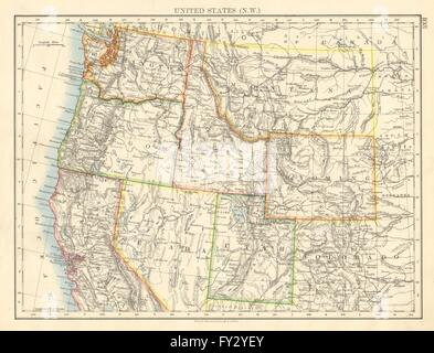 Stati Uniti d'America nord-ovest. Washington Oregon ID MT WY Utah Nevada CA.Johnston, 1899 Mappa Foto Stock