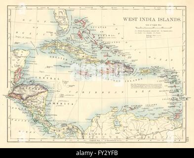 WEST INDIA isole. Caraibi Lucayas Caribbee Cuba. JOHNSTON, 1899 mappa vecchia Foto Stock