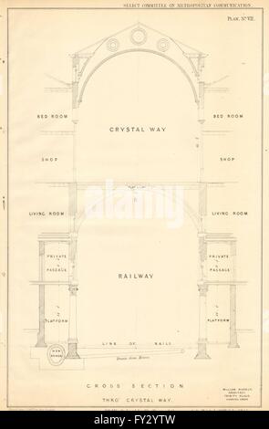 Sezione trasversale di William Moseley il modo di cristallo e dalla stazione ferroviaria, l antica stampa 1855 Foto Stock
