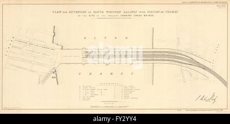 Hungerford Bridge Station-ON-THAMES plan.Charing Cross precursore.Baie de Baly, 1855 Mappa Foto Stock