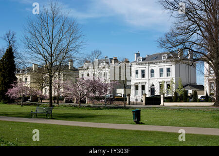 Case in Evesham Road da Pittville Park, Cheltenham, Gloucestershire, England, Regno Unito Foto Stock