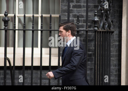 Il segretario di Stato per il lavoro e le pensioni Stephen Crabb MP lascia 10 Downing Street dopo la riunione di gabinetto il 19 aprile 2016. Foto Stock