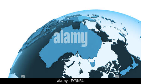 Australia sul modello traslucido del pianeta Terra con visibile continenti blu paesi ombreggiata. Il rendering 3D. Foto Stock
