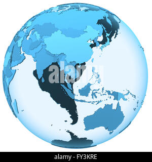 Sud-est asiatico sul modello traslucido del pianeta Terra con visibile continenti blu paesi ombreggiata. 3D illustrazione isolati su w Foto Stock