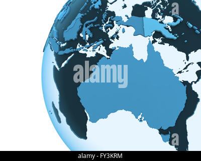 Australia sul modello traslucido del pianeta Terra con visibile continenti blu paesi ombreggiata. Il rendering 3D. Foto Stock