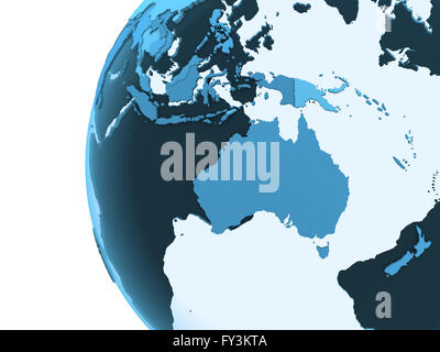 Australia sul modello traslucido del pianeta Terra con visibile continenti blu paesi ombreggiata. Il rendering 3D. Foto Stock