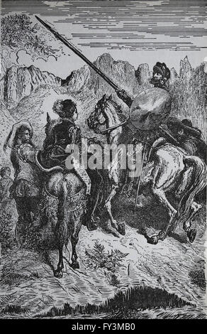Don Chisciotte di Miguel de Cervantes. Don Chisciotte, Sancho e la principessa Dorotea. Incisione di Gustave Dore. Foto Stock