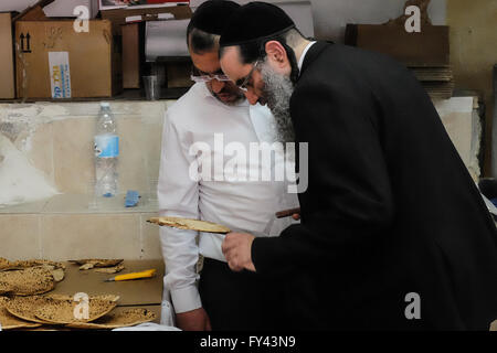 Gerusalemme, Israele. Xxi Aprile, 2016. Gli uomini ebrei preparare matzah, pane azzimo, per la Pasqua ebraica, simbolico dell'esodo biblico degli antichi ebrei dalla schiavitù in Egitto alla libertà in cui non avendo avuto il tempo di attesa per l'impasto a lievitare prima di lasciare l'Egitto, partirono nel deserto con pane azzimo. Credito: Nir Alon/Alamy Live News Foto Stock