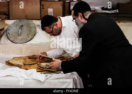 Gerusalemme, Israele. Xxi Aprile, 2016. Gli uomini ebrei preparare matzah, pane azzimo, per la Pasqua ebraica, simbolico dell'esodo biblico degli antichi ebrei dalla schiavitù in Egitto alla libertà in cui non avendo avuto il tempo di attesa per l'impasto a lievitare prima di lasciare l'Egitto, partirono nel deserto con pane azzimo. Credito: Nir Alon/Alamy Live News Foto Stock