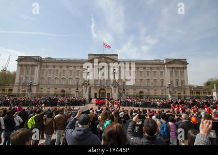 Londra, Regno Unito. Xxi Aprile, 2016. La folla al Buckingham per cambiare le guardie cerimonia sulla Queen Elizabeth II Compleanno © amer ghazzal/Alamy Live News Credito: amer ghazzal/Alamy Live News Foto Stock