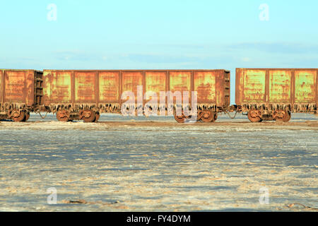 Vecchio treno arrugginito vetture con stalattiti di sale nel lago Baskun Foto Stock