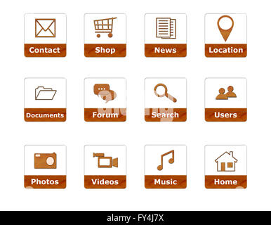 Set di pulsanti per menu sito web in texture di legno Foto Stock