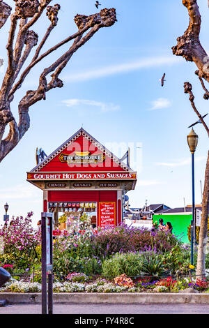 Pier 39, Fisherman Wharf area di San Francisco con molti turisti su un caldo e soleggiato sabato pomeriggio in aprile 2016 Foto Stock