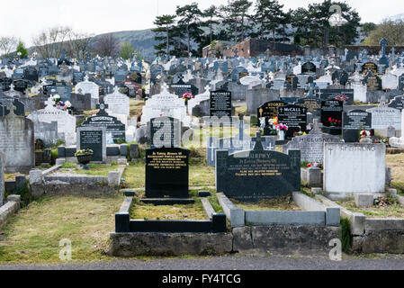 Le lapidi strettamente raggruppate insieme in un tradizionale Irish cimitero, Belfast, Irlanda del Nord. Foto Stock