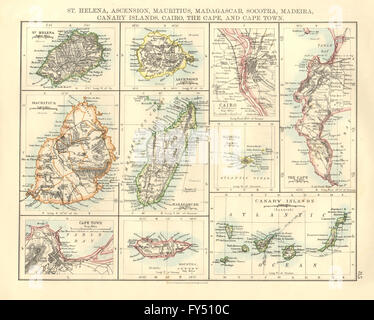 Isole africane.Mauritius Madagascar Madera Canarie St Helena, 1906 mappa vecchia Foto Stock