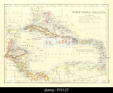 WEST INDIA isole. Caraibi Lucayas/Windward è sottovento. JOHNSTON, 1906 Mappa Foto Stock