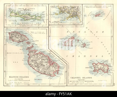 Isole europee.Malta Gozo Creta Capri Jersey Guernsey Sark. JOHNSTON, 1920 Mappa Foto Stock