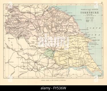 YORKSHIRE del nord e est circoscrizioni: County map. Ferrovie circoscrizioni. PHILIP 1884 Foto Stock