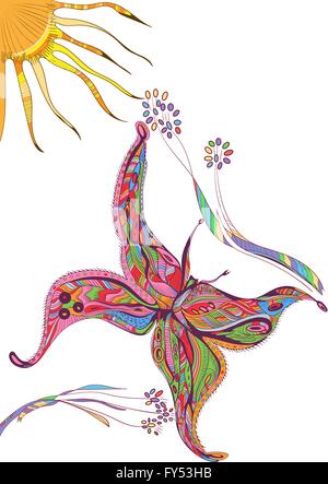 Disegnato a mano zentangle vettore battenti di butterfly con fiori e sun. Abstract decorativo doodle elemento di design. Illustrazione Vettoriale