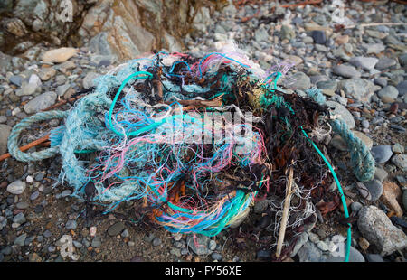 Colorato corda intrecciata, la lenza, plastica, stringa e di alghe trovate su Traeth Penllech spiaggia presso l'alta marea Foto Stock