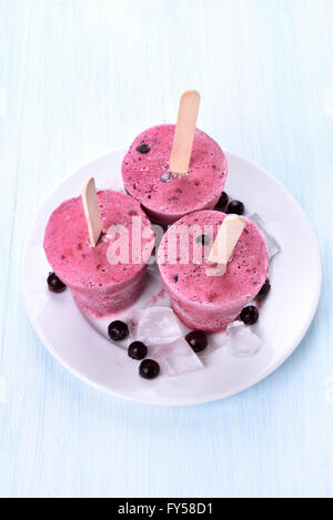 Frutta popsicles ribes nero realizzato in bicchieri di plastica Foto Stock